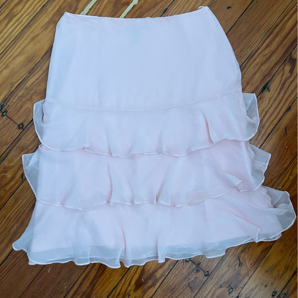 Baby pink tiered ruffle midi skirt